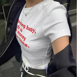 Bonnyshow American retro Y2K Gothic letter print white short sleeved t-shirt women's slim fit exposed navel top