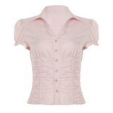 Bonnyshow  Fashion Sweet Ruched Slim Fit Women Shirts Chic Solid Summer Cute All-Match Causal Blouses Simple