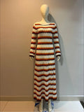 Bonnyshow Summer Knitted Beach Dress Women Sexy Hollow Out Maxi Bohemian Dresses Long Sleeve Striped Holiday Outfits Beachwear