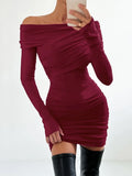 Bonnyshow One Neck Knitted Dress Autumn Fashion Sexy Ladies Slim Fit High Waist New Long Skirt Stylish Women Long Sleeves Dresses