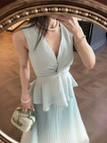 Bonnyshow  High-end temperament elegant set women spring summer V-neck sleeveless top pleated half body long skirt two-piece set