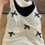 Bonnyshow  Fake Two-Piece Tank Knitting Contrast Women High Street Hollow Out Bow Patchwork Vest Fashion Casual Loose Female Tops