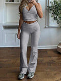 Bonnyshow Gray Slim Sleeveless V Neck Vest And V Shape Waist Flared Leggings 2 Pieses Pants Sets Womens Summer Baddie Outfits