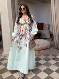 Bonnyshow  Printed Holiday Long Lantern Sleeve A-line Dress Women V-neck High Waist Colorful Party Dresses 2025 Summer Elegant Lady Robe