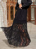 Bonnyshow  Floral Jacquard Lace White Long Skirt Women Summer High Waist Loose Sexy Sheer Midi Skirts Streetwear Casual Fashion Skirts New