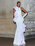 Bonnyshow Demure White Stretchy Long Mermaid Evening Dresses With Ruffles Trimmed Details Sleeveless Evening Gowns