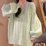 Bonnyshow  Autumn Winter Women Sweater Lazy Style Oversized Thick Long Sleeve Knitted Pullover Female Korean Loose V-Neck Jumper