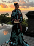 Bonnyshow  Printed Patchwork Halter Dress off-Shoulder Lantern Sleeve Flowy Slit 2025 Summer Maxi Romantic Robe Women Holiday Lady Vestido