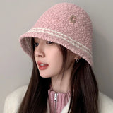 Bonnyshow Winter Lamb Fleece Bucket Hat Women Solid Color Letter Fisherman Cap Korean Wide-brim Windproof Dome Plush Hats