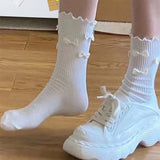 Bonnyshow 2/5 Pairs Cotton Bow Ruffles Ankle Socks For Women Lolita Cute Kawaii Stocking Girl Spring Black White Middle Tube Japanese Sox