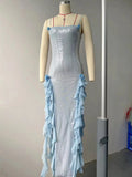 Bonnyshow Ruffle Trim Sequin Split Maxi Dress Blue Sleeveless See Though Sexy Long Dresses Bodycon Flowers Evening Club Party Gown