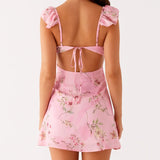 Bonnyshow  Women Backless Mini Dress Sexy Sleeveless Ruffle Shoulder Short Dress Floral Print Low Cut Tie Back A-line Dress