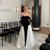 Bonnyshow New Couture Black&White Velvet Long Evening Dresses Sweetheart Bow Straps Modest Formal Party Dress Evening Gowns