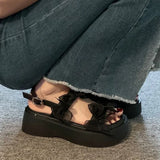 Bonnyshow  Women's Layered Bow Platform Sandals - Thick Cushioned Sole with Adjustable Ankle Buckle for Summer Casual Wear