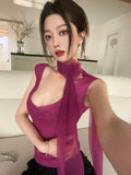 Bonnyshow  Korean Summer New Style Sexy T-Shirts Slim Coquette V-Neck Tees Purple Crop Top Three-Dimensional Flower Aesthetic High Street