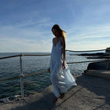 Bonnyshow  Summer Chic Pleated Long Dresses Women Elegant Loose V Neck Sleeveless High Waist Female Robes Solid Backless Lady Beachwear