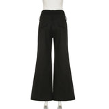 Bonnyshow  Fashion Black V Waistband Woven Pants Women's Low-Waist Casual Loose Trousers Streetwear Wide-legged Pants 2025 Clothes