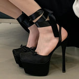 Bonnyshow  Elegant Bow Narrow Band Design Sandals Women 14 Cm Super High Heel 42 Large Size Slide Sandals High Quality Satin Ballet Shoes