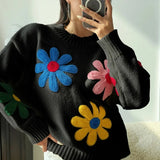 Bonnyshow Flower Crochet Women's Pullover Sweater Knitted V-neck Cardigan Cute Floral Long Sleeve Women Sweaters Autumn Fashion Pullovers