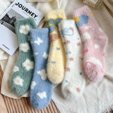 Bonnyshow Winter Mink Velvet Socks for Women Kawaii Floral Print Plush Sock Solid Color Cartoon Warm Female Lady Mid Tube Socks