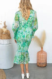 Bonnyshow  Summer Fashion New Style Women's Dress Elastic Waist Long Sleeve V-neck Printed Ruffle Edge Tight Hip Wrapping Dress