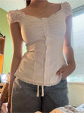 Bonnyshow  Sweet White Folds Blouse Top Women New Casual Single Breasted Ruffle Sleeveless Tank Tops Vest Preppy Style Basic Camisole Y2K