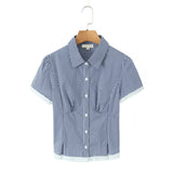 Bonnyshow  Sweet Girl Plaid Shirt Blouse Short Sleeve Lapel Collar Slim Lady Summer Tops