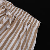 Bonnyshow  Brown Striped Thin Trouser 2 Piece Set Women V-neck Half Sleeve Lace-up Cardigan Blouse Summer Simple  Fashion Casual Pants Sets