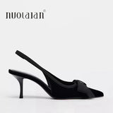 Bonnyshow  Elegant Women High Heels Sandals Pointed Daily Office Lady Shoes Fashion Black Bow 2025 Summer Slingback Dress Stilettos