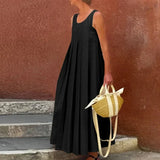 Bonnyshow  Women All Match Big Swing Solid Pullover Dress Elegant Loose Female Party Dress Casual Sleeveless Crew Neck Office Dress