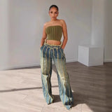 Bonnyshow Striped Tassel Washed Denim Wide Leg Pants Women Fashion High Waist Button Fly Loose Casual Jeans Trousers Streetwear Bottoms