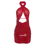 Bonnyshow Women Red Lace Patchwork PU Leather Bodycon Mini Dress Hollow Out Cross Halter Backless Slim Birthday Party Outfits Clubwear