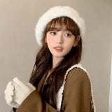 Bonnyshow Winter Plush Beret Hat for Women Faux Rabbit Fur Warm Newsboy Cap Soft Solid Color Thicken Artist Painter Caps