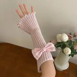 Bonnyshow Women Knitted Bow Tie Fingerless Gloves Lolita Arm Sleeve Y2k Pink Girl Gothic Keep Wamrm Long Gloves Kawaii JK Accessories