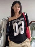 Bonnyshow  Y2k Aesthetic Summer Letter Printing T-shirts Harajuku Patchwork Loose Oversize Tops 2025 Women Harajuku Skew Collar Casual Tees