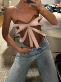 Bonnyshow Women's Brown Bow Crop Top Vintage Y2k Camisole Off Shoulder Corset Top Sleeveless Vest Aesthetic Tank Top 2000s Clothes Summer