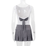 Bonnyshow Girls Y2k Two Piece Set Women Bow Backless Crop Top And Striped Pleated Mini Skirt Women Summer Outfits Matching Sets