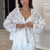 Bonnyshow  White Leaf Embroidery Loose Shirt Women Single Breasted Lapel Long Sleeve Chic Elegant Shirts 2025 Summer Holiday Blouse Tops