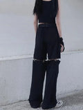 Bonnyshow Techwear Gothic Black Cargo Pants Women Streetwear Hollow Out Punk Wide Leg Oversize Pockets Trousers For Female Hip Hop