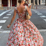 Bonnyshow  Elegant Flower Print Long Dress For Women Fashion V-neck Sleeveless High Waist A-line Maxi Dress Lady 2025 Summer Beach Robes