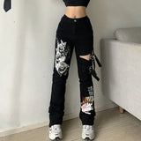 Bonnyshow Women's Gothic Black Cargo Pants Aesthetic Harajuku Bandage Goth Pant Y2K Streetwear Vintage Punk Wide Leg Baggy Trousers