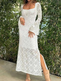 Bonnyshow  Spring Summer Women Square Collar Party Elegant Lace Patchwork Simple Maxi Dress, Long Flare Sleeve Fashion Ladies Dress