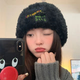 Bonnyshow Winter Plush Knit Beanie Hat Women Solid Color Letter Fluffy Faux Fur Bucket Cap Korean Warm Female Ear Protection Caps Bonnet