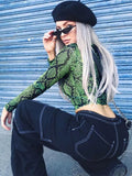 Bonnyshow Casual Green Snake Print T Shirt Women Mesh Top Long Sleeve Transparent Snakeskin Female T-shirt High Neck Crop Tops