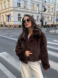 Bonnyshow Fashion Solid Color Plush Women's Coat Casual Retro Turndown Collar Short Coats Women Winter Soft Comfortable Warm Outerwears