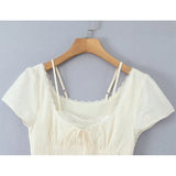 Bonnyshow  Retro Beige Hollow Out Embroidery Mini Dress Sweet Girl Short Sleeve A-line Slim Summer Dresses Holiday Robe