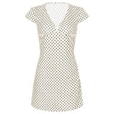 Bonnyshow  Short Sleeve V Neck Polka Dot Back Bow Tie Waist Mini Dress For Women Summer French Style Slim Casual Elegant Short Dress
