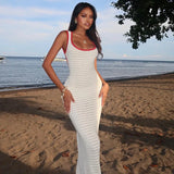 Bonnyshow White Knitted Beach Dress Women Sexy See Through Backless Maxi Dresses Summer Fashion Hollow Out Bikini Cover Up Dress 2024