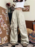 Bonnyshow Women Cargo Pants Vintage Y2k Oversized Trousers Baggy Korean Streetwear 90s Hippie Beige Pleated Joggers Hip Hop Style