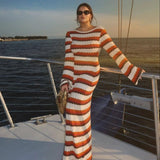 Bonnyshow Summer Knitted Beach Dress Women Sexy Hollow Out Maxi Bohemian Dresses Long Sleeve Striped Holiday Outfits Beachwear